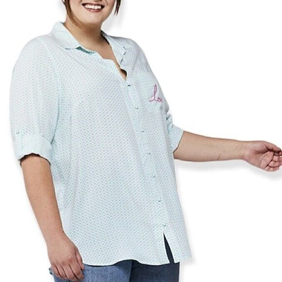 Hearts Pattern Valentine’s Green White LOVE Button Up High Low Hem Top Women’s L - Picture 5 of 12